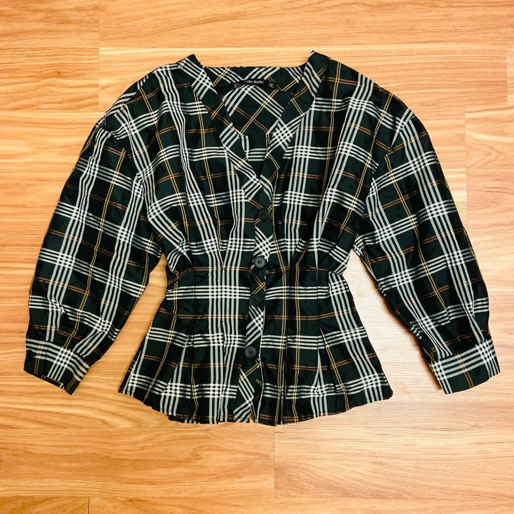 NWOT Zara Black Plaid Corset Puff Sleeve Top